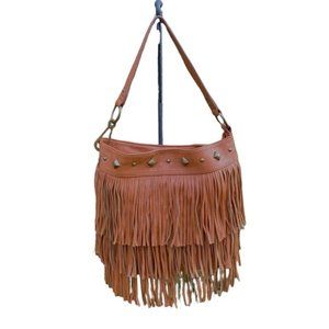Beige Fringe Faux Leather Hobo Bag